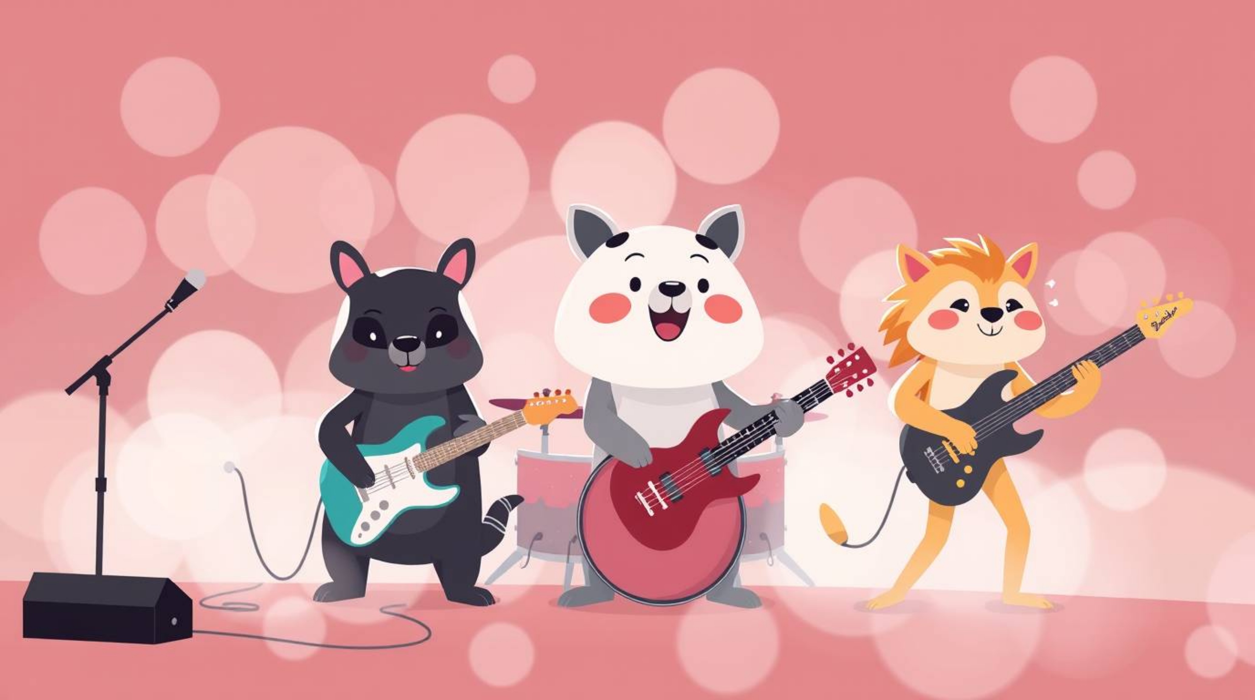 A captivating illustration features a band of cartoon animals rocking out in a modern flat design style.  Simple 2D shapes an