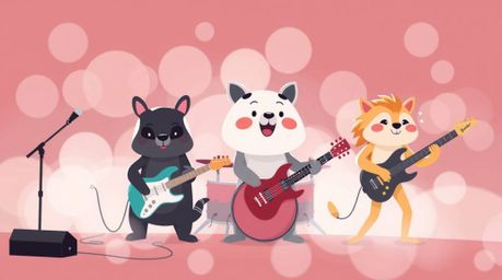 A captivating illustration features a band of cartoon animals rocking out in a modern flat design style.  Simple 2D shapes an