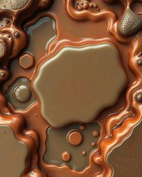 Immerse yourself in a surreal bird's-eye perspective of 3D fluid shapes, reminiscent of molten glass, meticulously cast in br