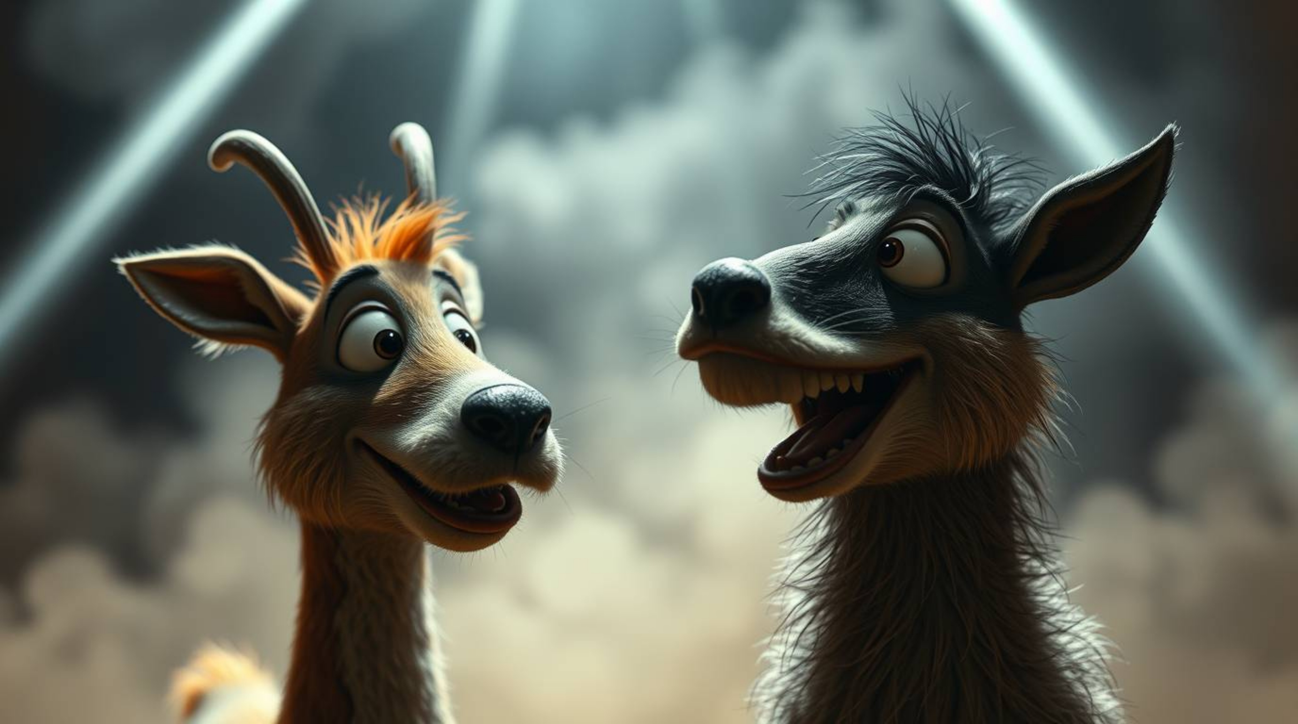 A captivating close-up reveals a duo of mischievous talking animals, bathed in dramatic volumetric lighting.  Intricate light