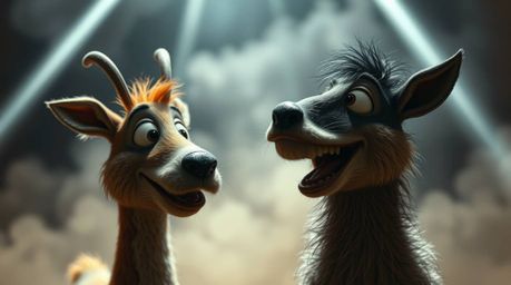 A captivating close-up reveals a duo of mischievous talking animals, bathed in dramatic volumetric lighting.  Intricate light