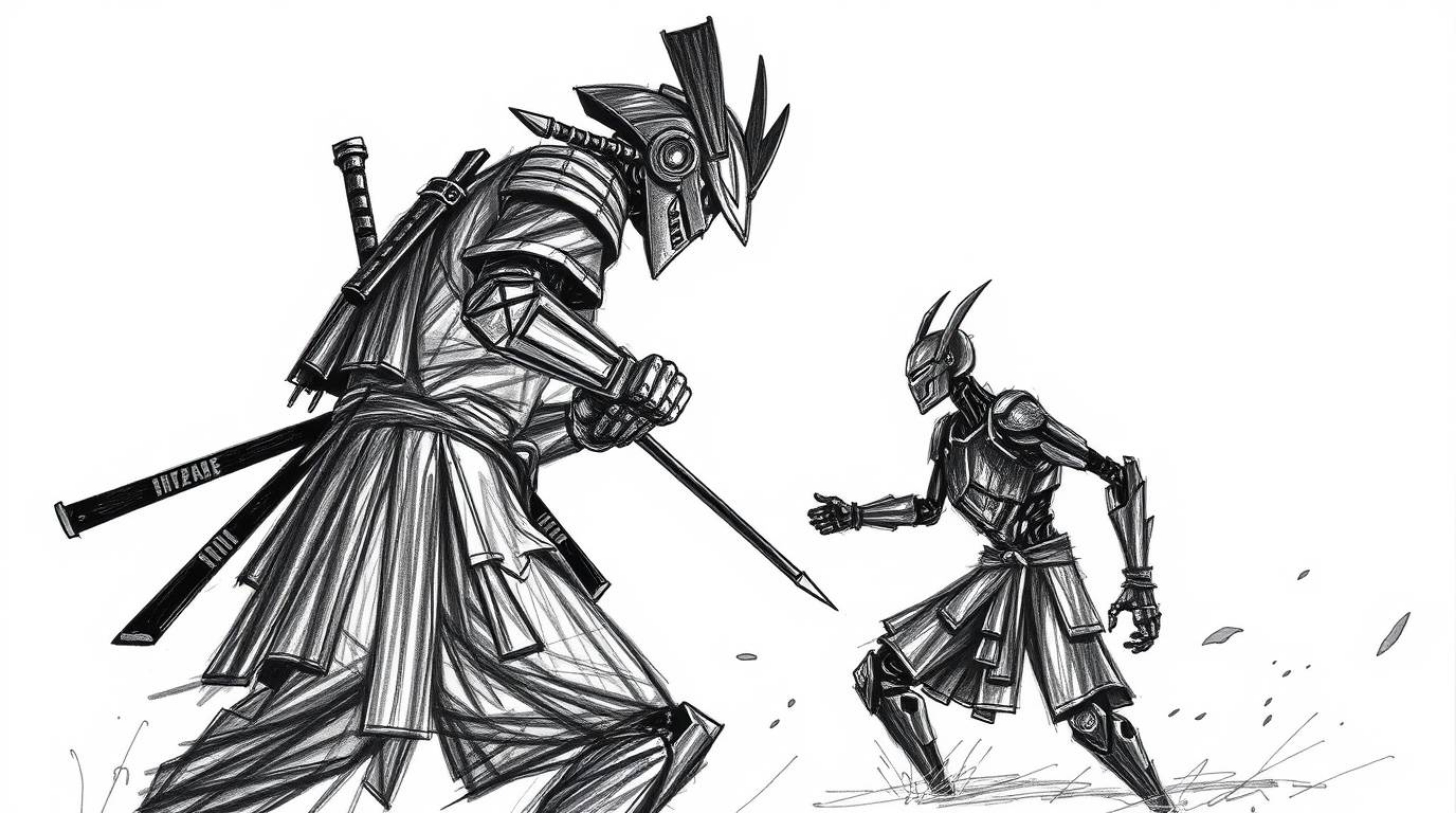 A hand-drawn sketch depicting a samurai and robot clashing in a dystopian world. The illustration is rendered in silhouette w