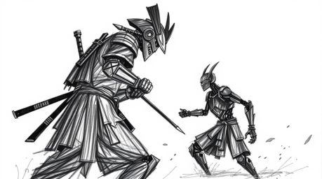 A hand-drawn sketch depicting a samurai and robot clashing in a dystopian world. The illustration is rendered in silhouette w