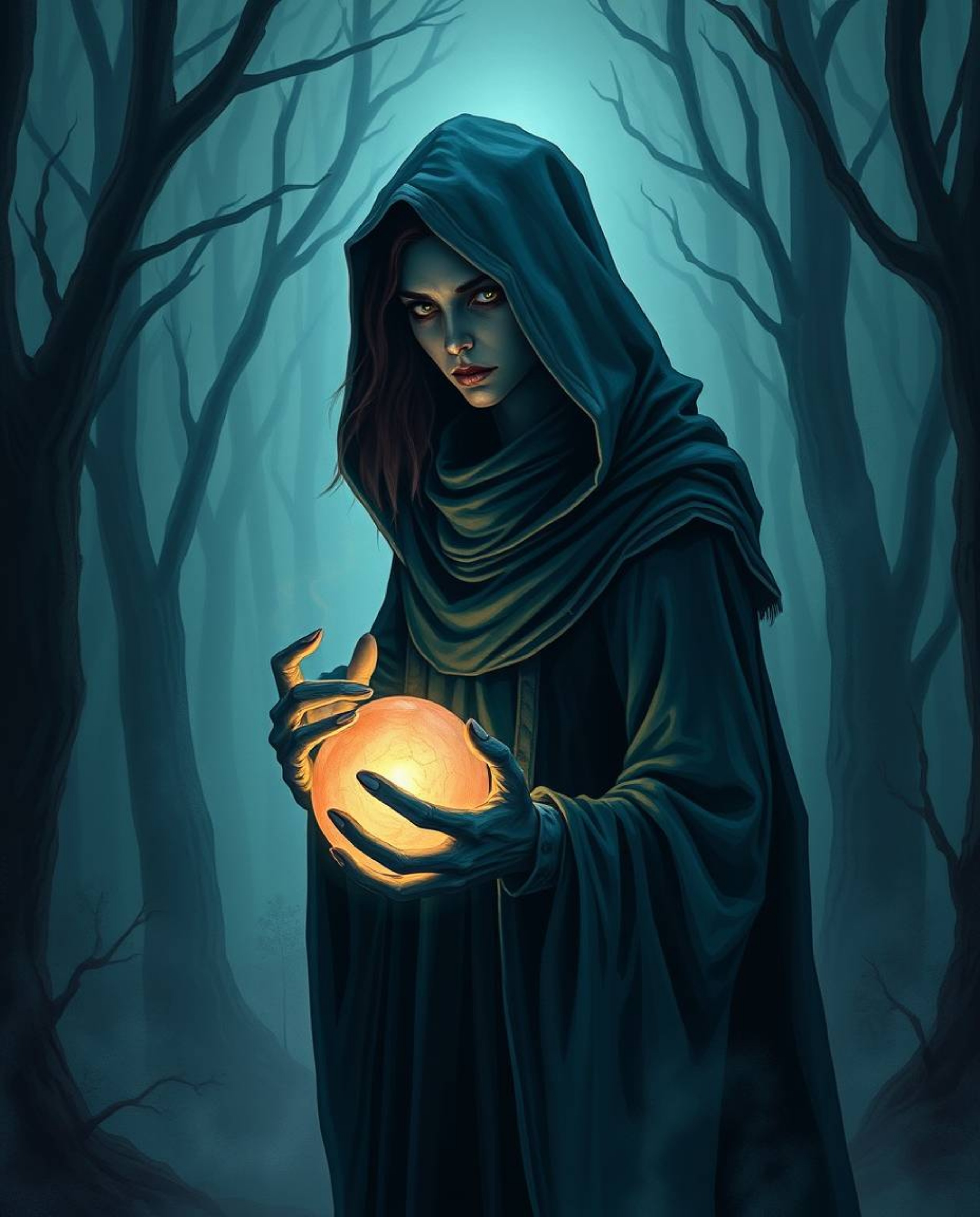 A cloaked figure with refined features holds a glowing orb, standing in an eerie and creepy misty forest. The scene is render