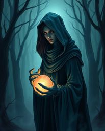 A cloaked figure with refined features holds a glowing orb, standing in an eerie and creepy misty forest. The scene is render