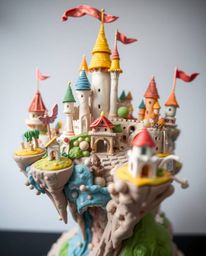 Experience a vibrant and dynamic clay sculpture showcasing a colorful kingdom with whimsical floating islands and majestic ca