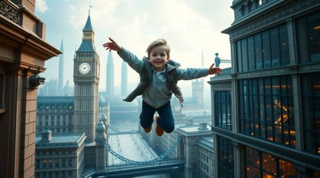 Capture the magic of a young boy soaring above a futuristic London landscape, fueled by pixie dust. This architectural color 