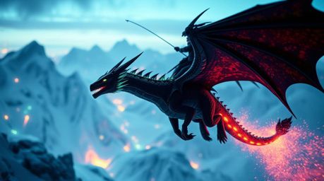 A breathtaking close-up reveals a bioluminescent dragon and its rider soaring above majestic icy mountains.  The vibrant glow