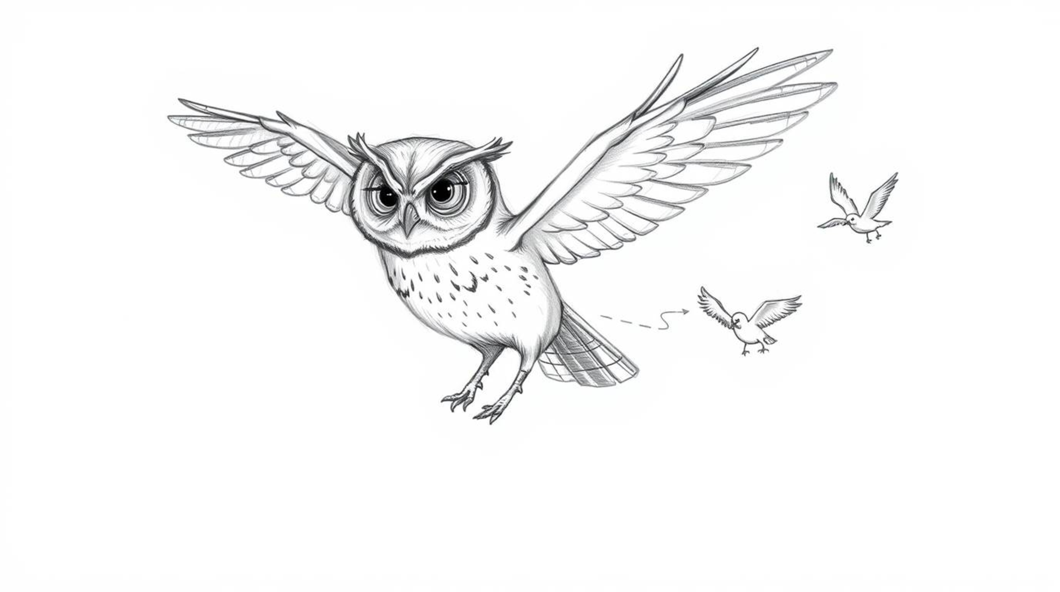 A captivating hand-drawn sketch in the style of Pixar depicts a blind owl with expressive ears gently guiding several small b