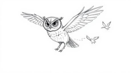 A captivating hand-drawn sketch in the style of Pixar depicts a blind owl with expressive ears gently guiding several small b