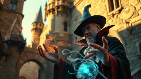 A captivating street photography shot captures a classic Disney villain immersed in casting a powerful spell within the majes