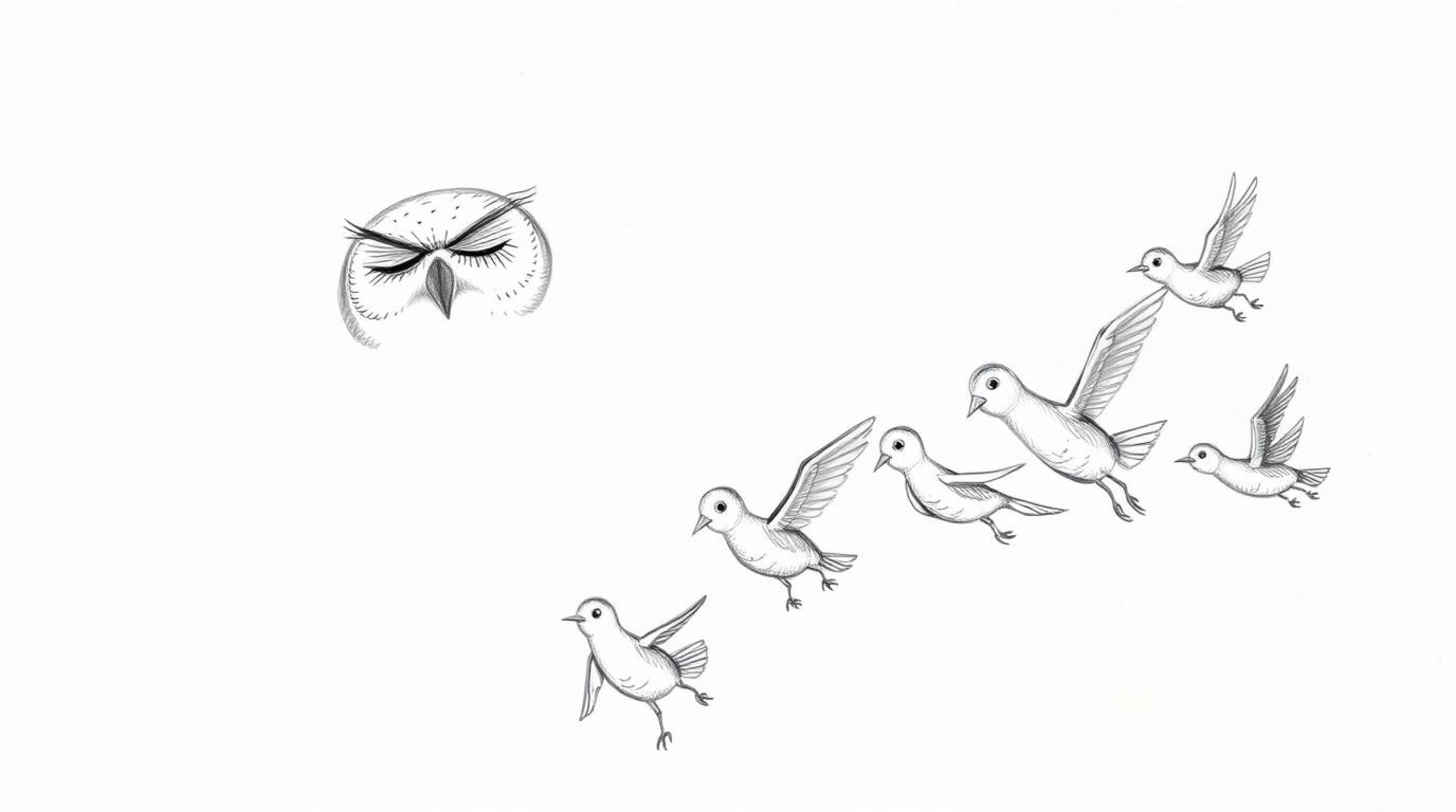 A serene blind owl, depicted in a Pixar-esque hand-drawn sketch with textured pencil strokes, guides a group of learning bird