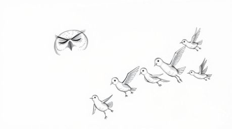 A serene blind owl, depicted in a Pixar-esque hand-drawn sketch with textured pencil strokes, guides a group of learning bird