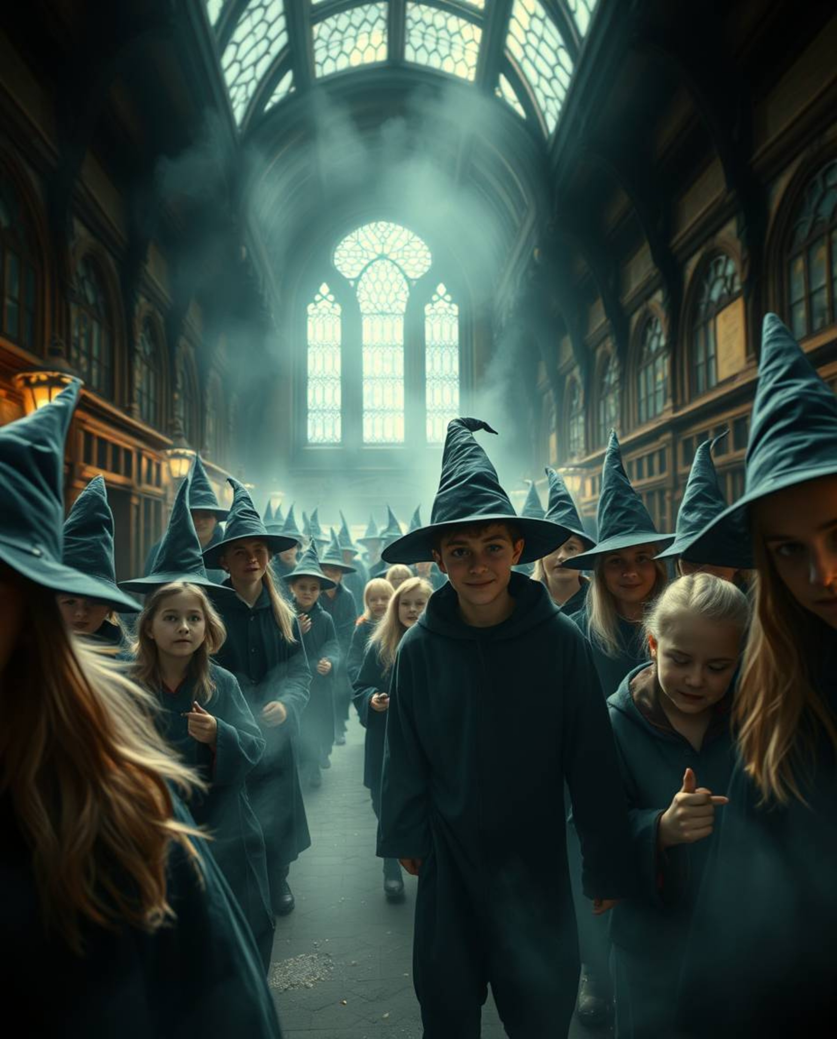 Immerse yourself in a world of magic with this high-angle perspective capturing a magical school teeming with young wizards. 