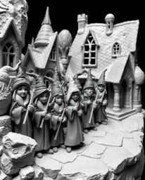 Explore a classic black and white sculptural clay art piece depicting a magical school brimming with young wizards.  The mode
