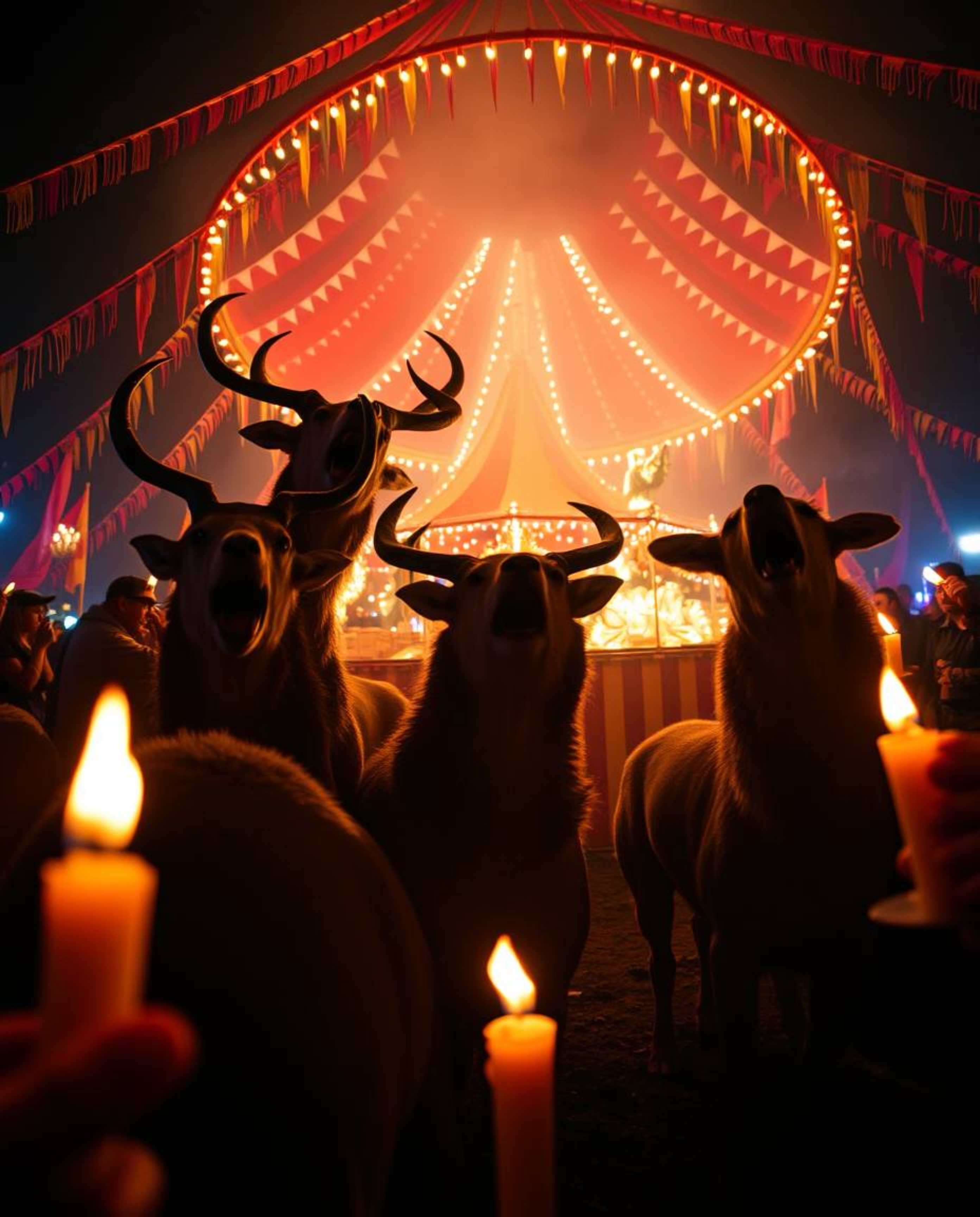 Imagine a captivating carnival scene where the festive atmosphere has been intruded upon by untamed wild animals. The scene i
