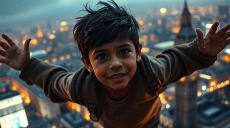 A captivating high-contrast image showcasing a young boy with olive skin soaring above London with the aid of magical pixie d