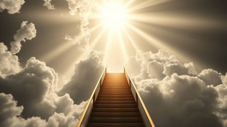 A captivating black and white photograph depicts a golden staircase ascending through clouds towards a radiant heaven.  Sunli