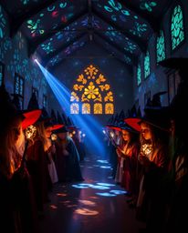 Explore a captivating magical school where young wizards learn and create, bathed in stunning creative light art. Witness abs