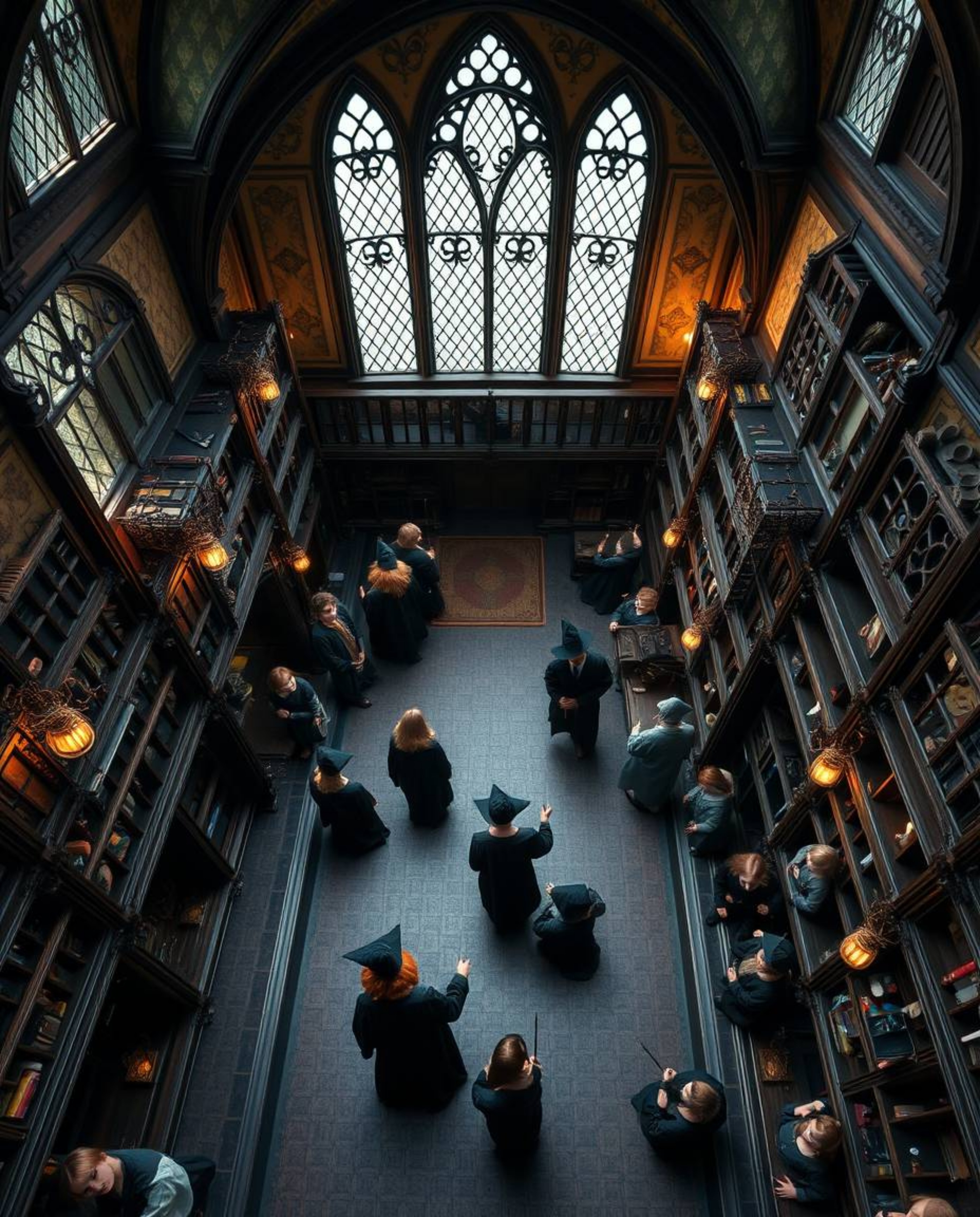 A captivating high-angle view of a magical school bustling with young wizards, designed to evoke a sense of wonder and flow. 