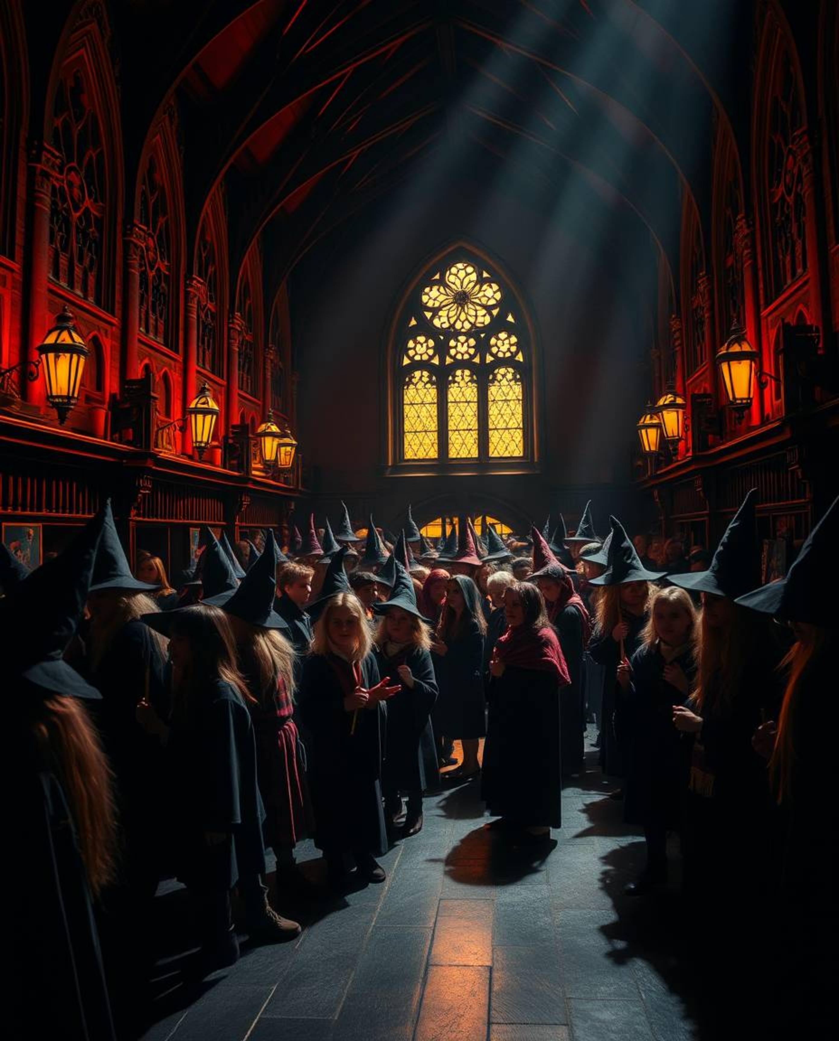 Explore a captivating magical school brimming with young wizards, brought to life through striking high-contrast, low-key lig
