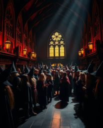 Explore a captivating magical school brimming with young wizards, brought to life through striking high-contrast, low-key lig