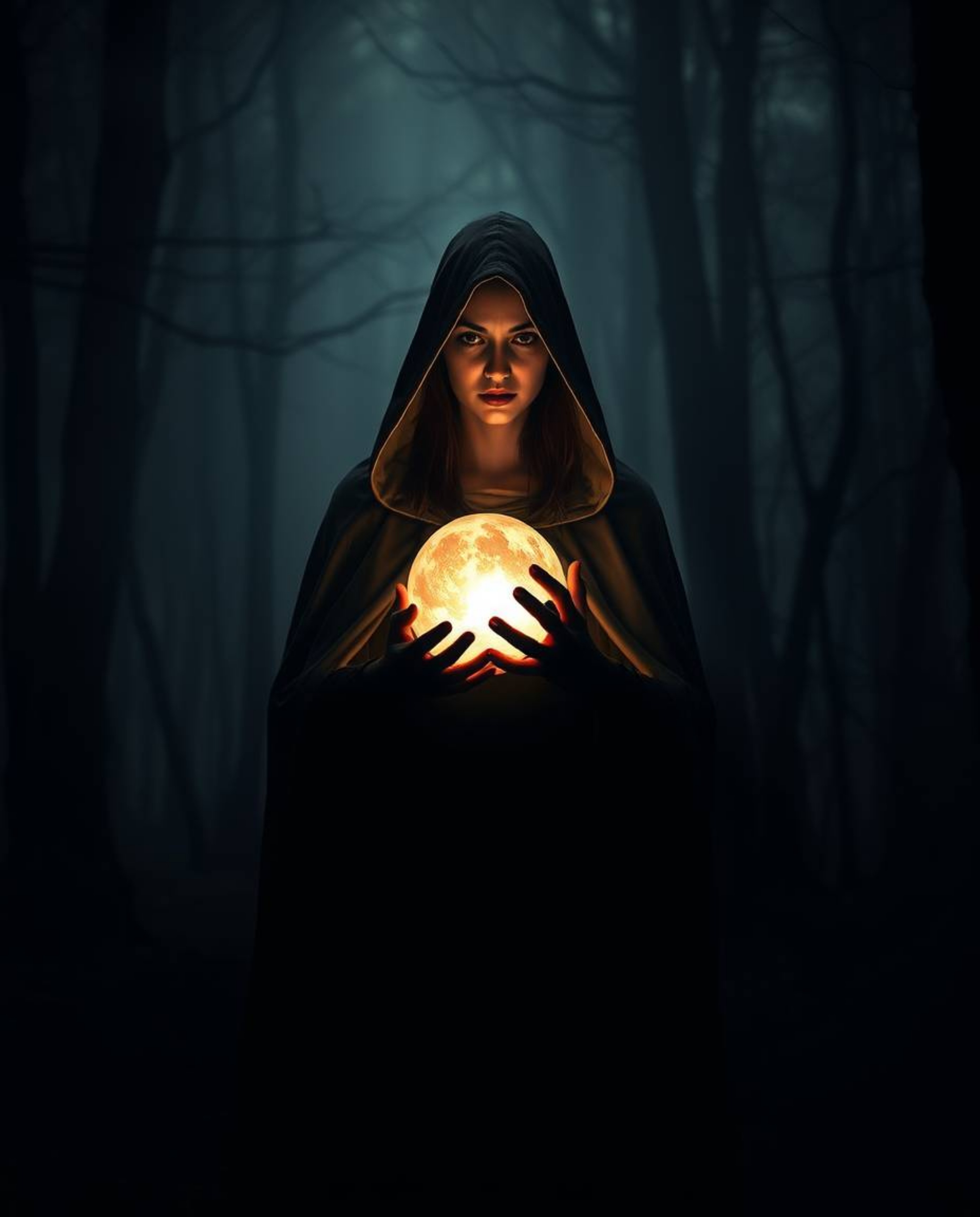 A graceful and elegant cloaked figure, illuminated by high contrast, low-key lighting, stands within a misty forest holding a