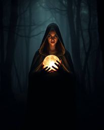 A graceful and elegant cloaked figure, illuminated by high contrast, low-key lighting, stands within a misty forest holding a