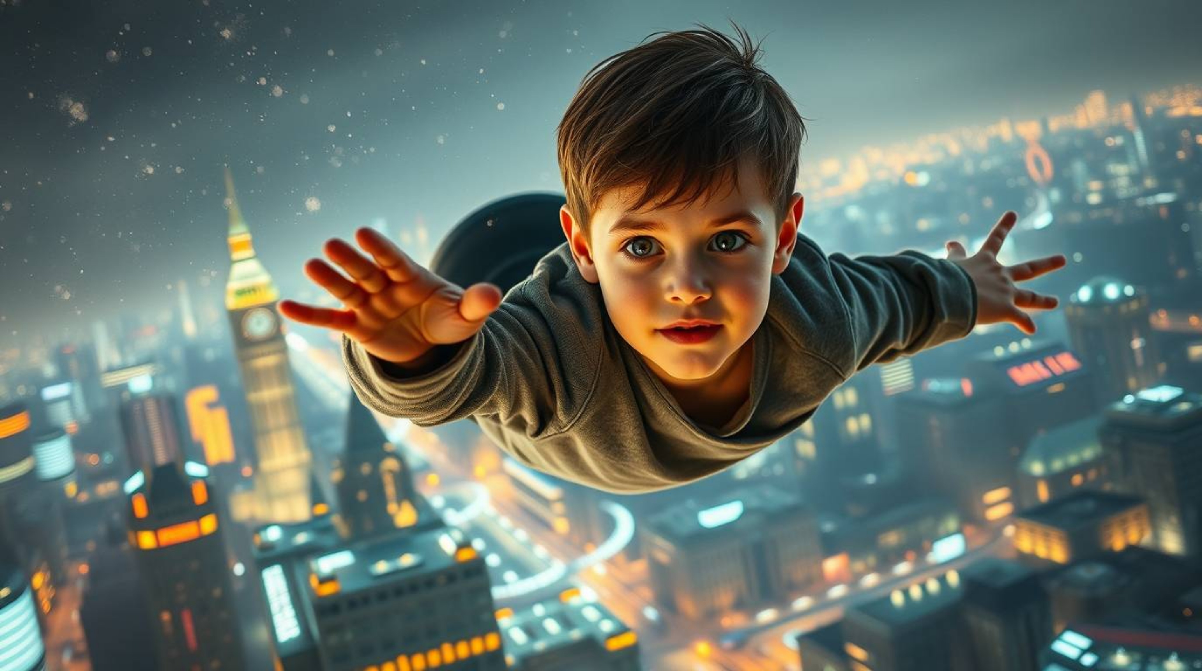 A captivating image of a young boy with light skin soaring above a futuristic London cityscape, powered by magical pixie dust