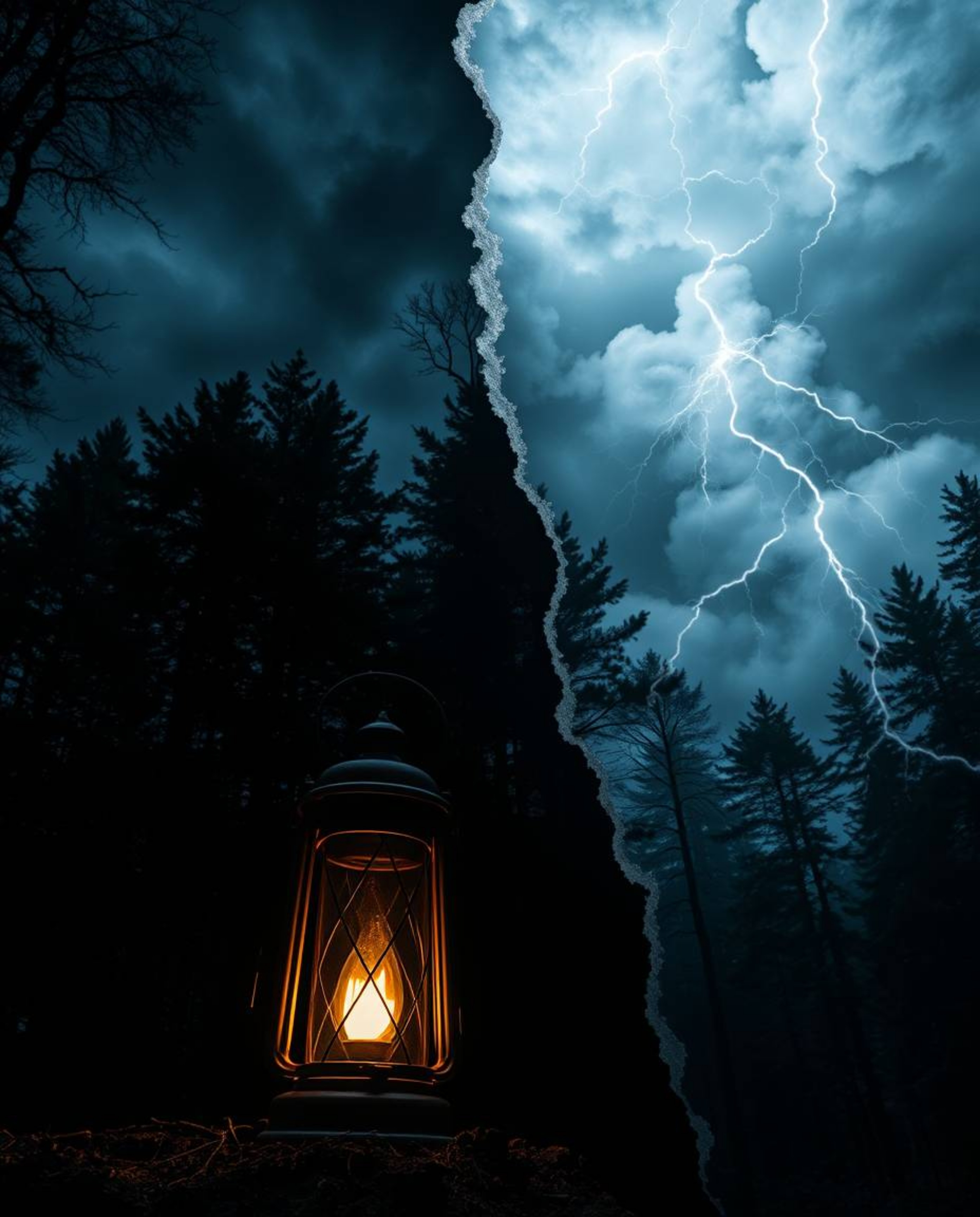 A captivating image depicts a glowing lantern illuminating a dark forest scene dramatically split by intense weather.  Bold c