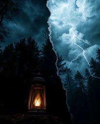 A captivating image depicts a glowing lantern illuminating a dark forest scene dramatically split by intense weather.  Bold c