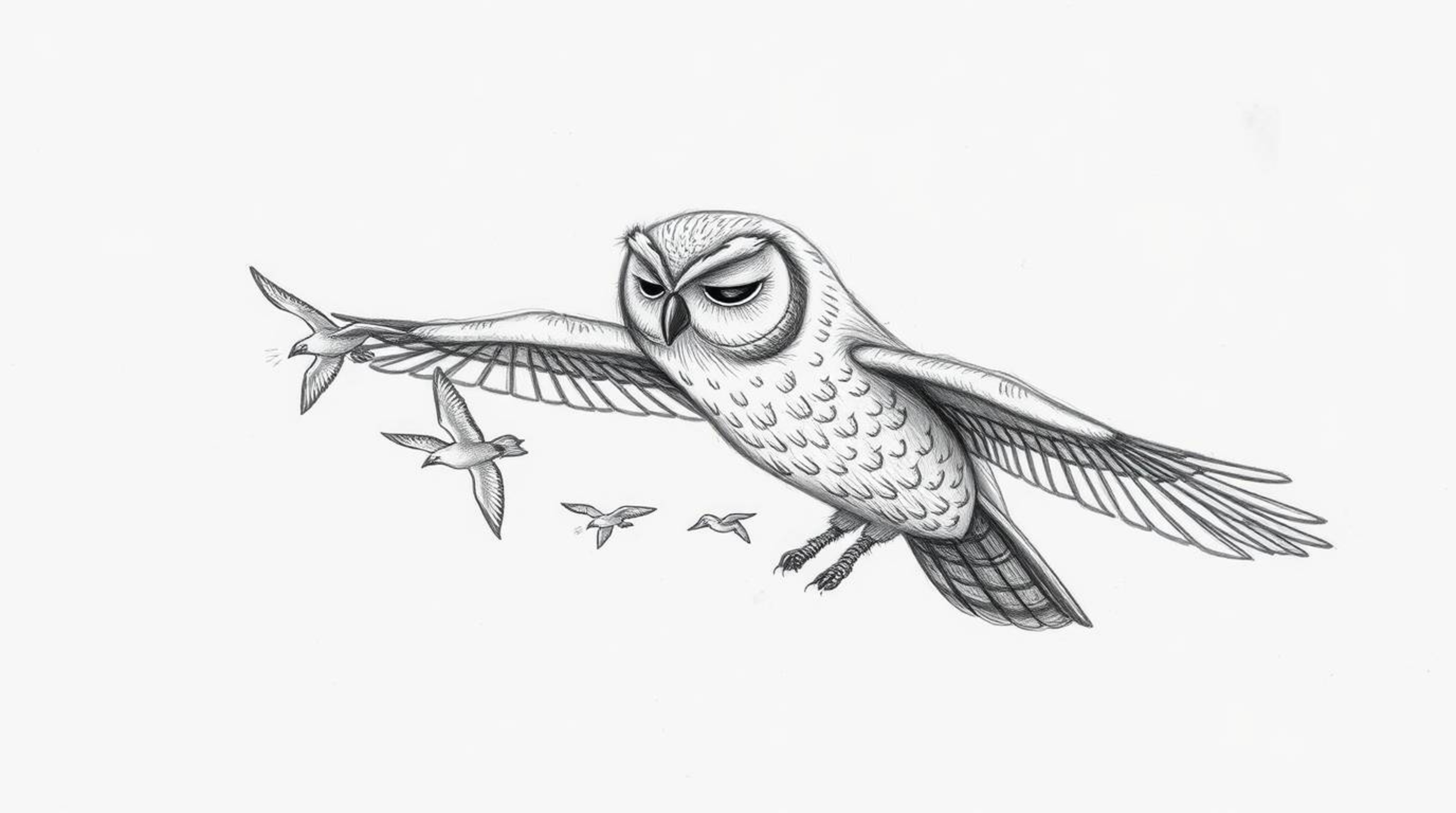 A heartwarming, Pixar-esque scene depicts a blind owl, with softly closed eyes, guiding a flock of small birds in intricate a
