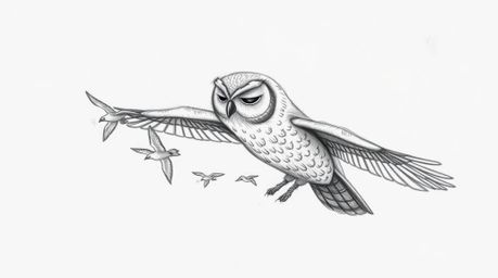 A heartwarming, Pixar-esque scene depicts a blind owl, with softly closed eyes, guiding a flock of small birds in intricate a