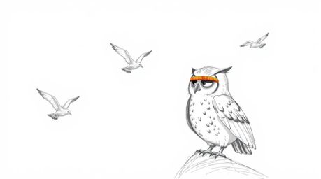 A heartwarming hand-drawn sketch in the style of Pixar depicts a blind owl with a gentle expression, passionately teaching a 