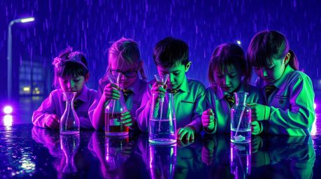 A captivating image depicts a group of eccentric children in school uniforms conducting science experiments outdoors in a dow