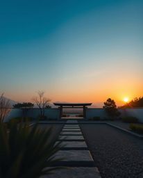Extreme macro close-up photograph of a sunset over a serene Zen garden featuring simple two-dimensional shapes and minimal su