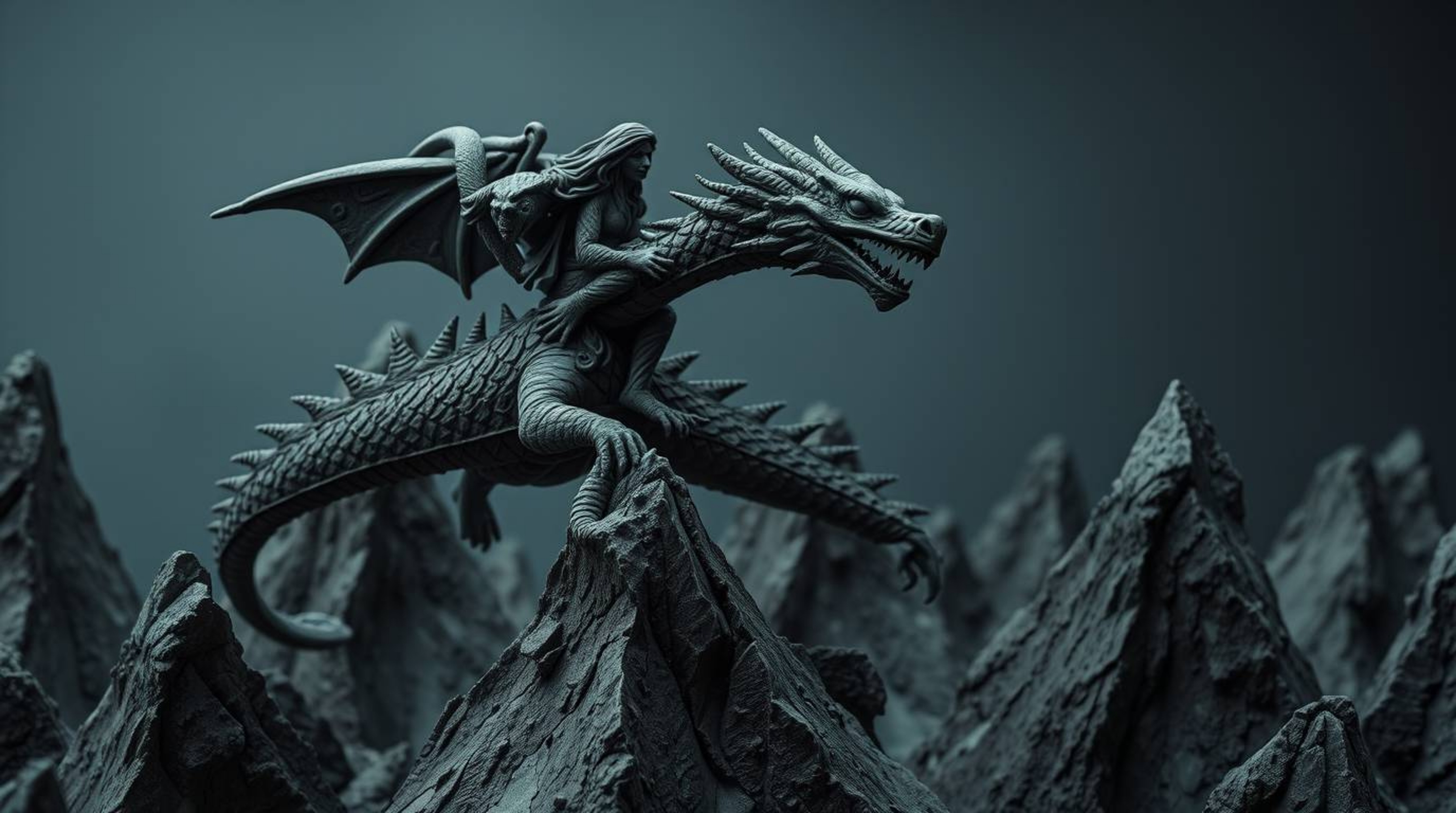 A captivating clay sculpture depicts a dragon and its rider soaring above icy mountains. The artwork features a dark and eeri
