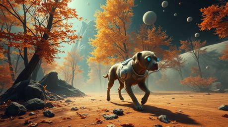 Experience a dreamlike and surreal scene bathed in warm autumn colors, featuring a futuristic dog confidently walking itself 
