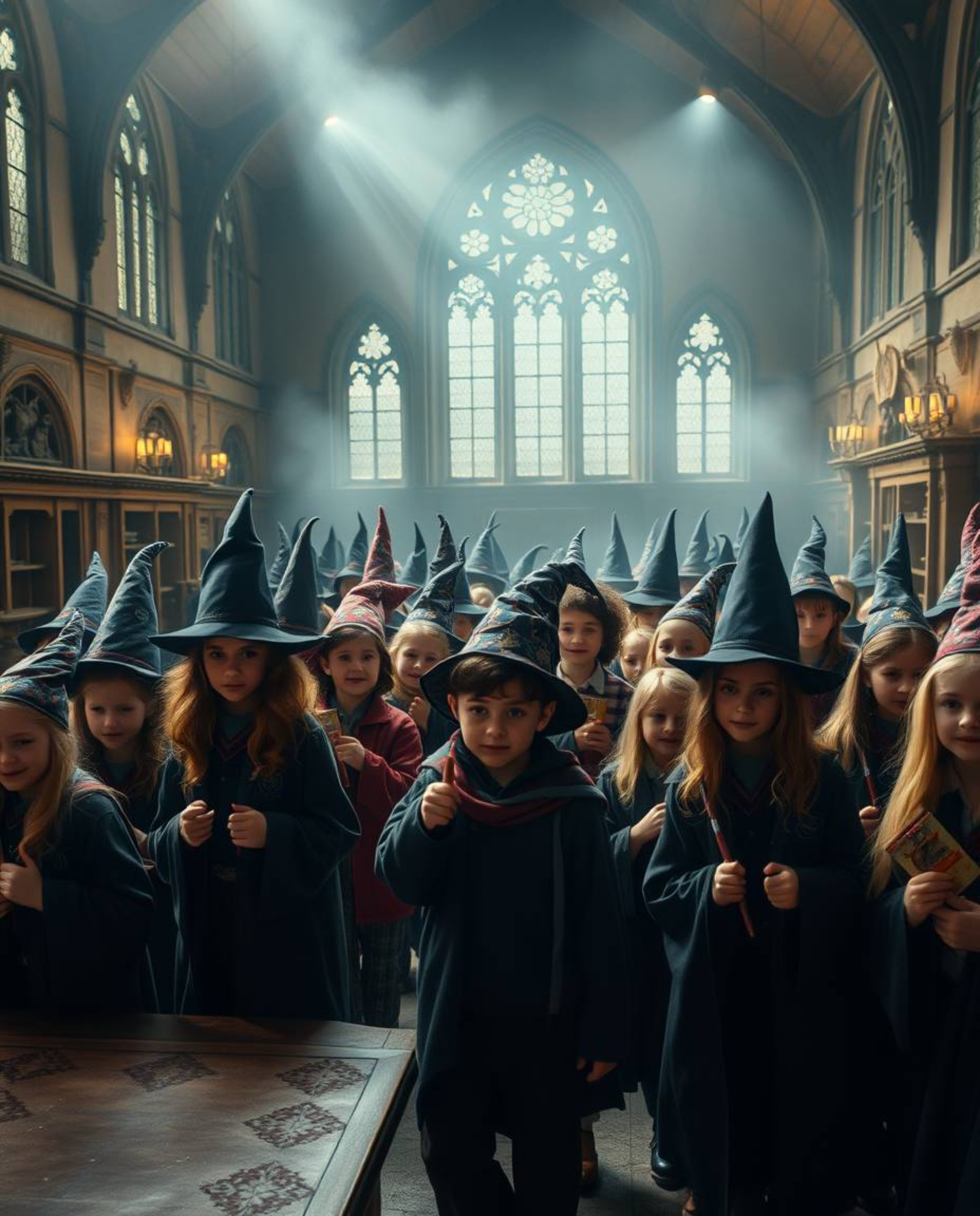 Download this high-resolution stock photo of a magical school teeming with young wizards. The image captures a soft, dreamy a