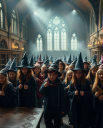 Download this high-resolution stock photo of a magical school teeming with young wizards. The image captures a soft, dreamy a