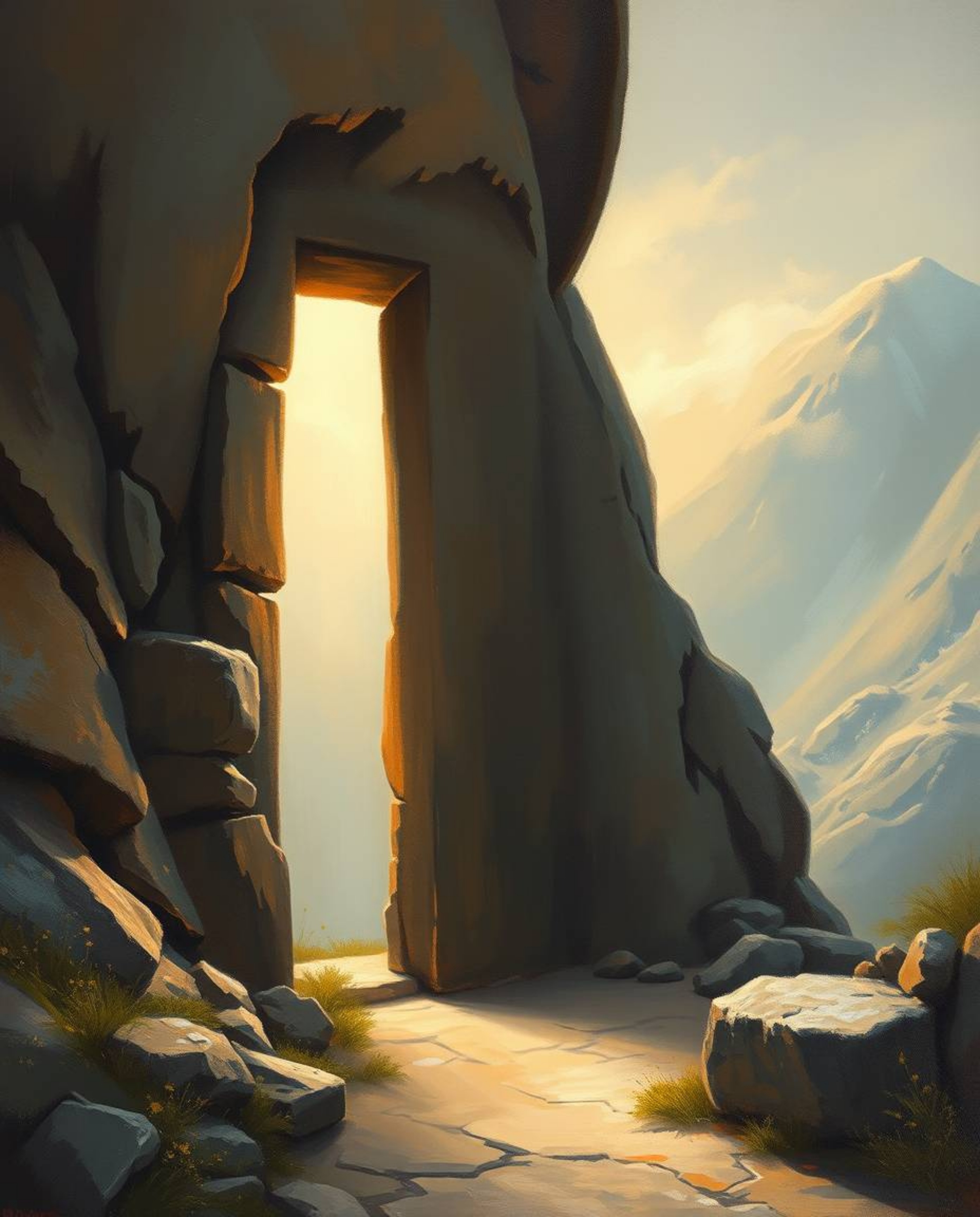 This collection features classic oil paintings depicting an ancient doorway, etched with glowing runes, nestled within a maje