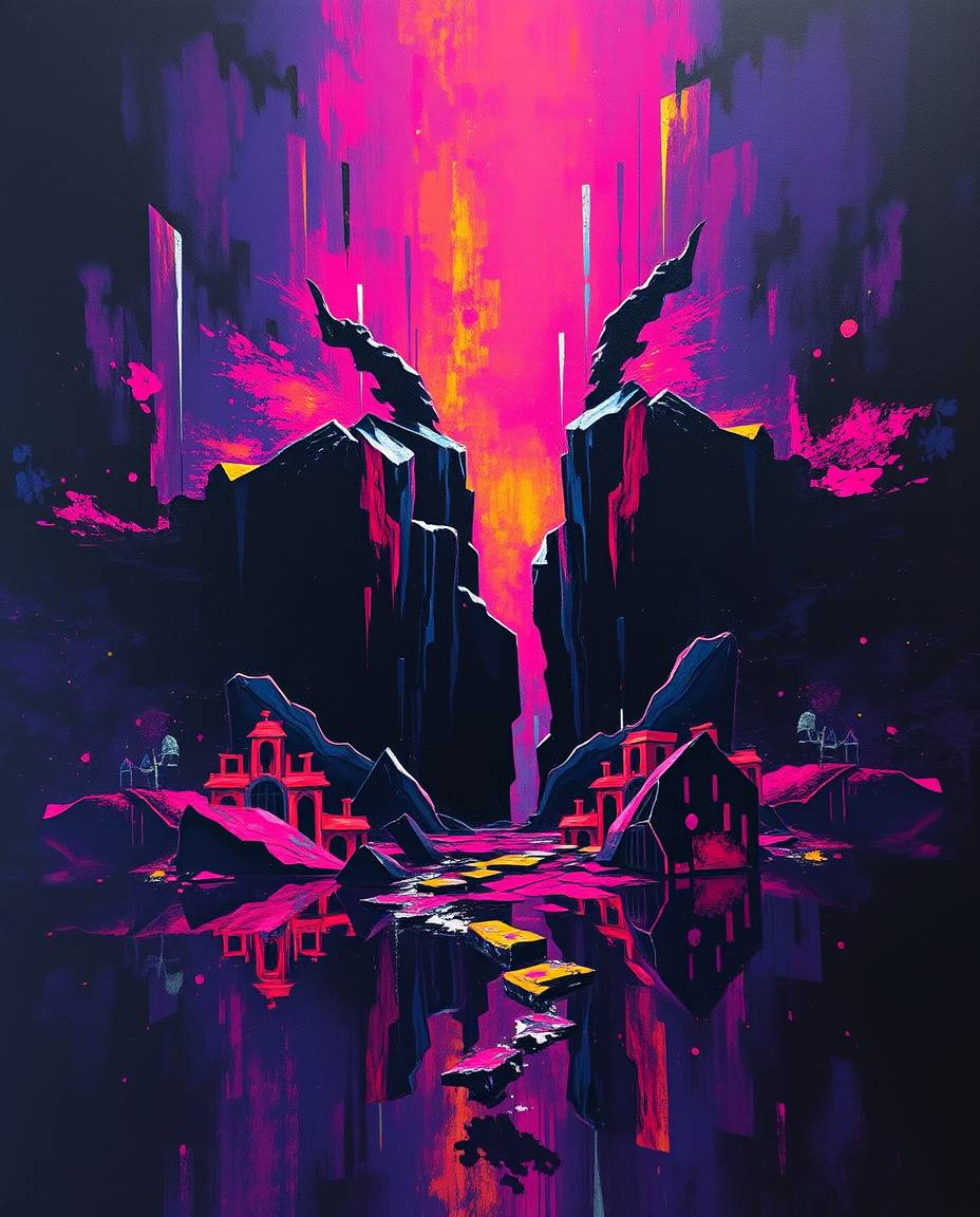 Explore a captivating acrylic painting showcasing a digital glitch landscape fractured and breaking apart. This artwork utili