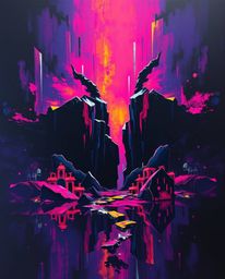 Explore a captivating acrylic painting showcasing a digital glitch landscape fractured and breaking apart. This artwork utili