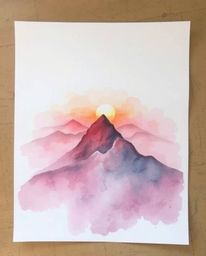 This delicate watercolor painting evokes a soft, dreamy atmosphere, depicting a hazy sunset from a high alpine peak. Utilizin