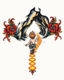 This collection features traditional tattoo art prints depicting a child venturing into a cave, guided by glowing footsteps. 