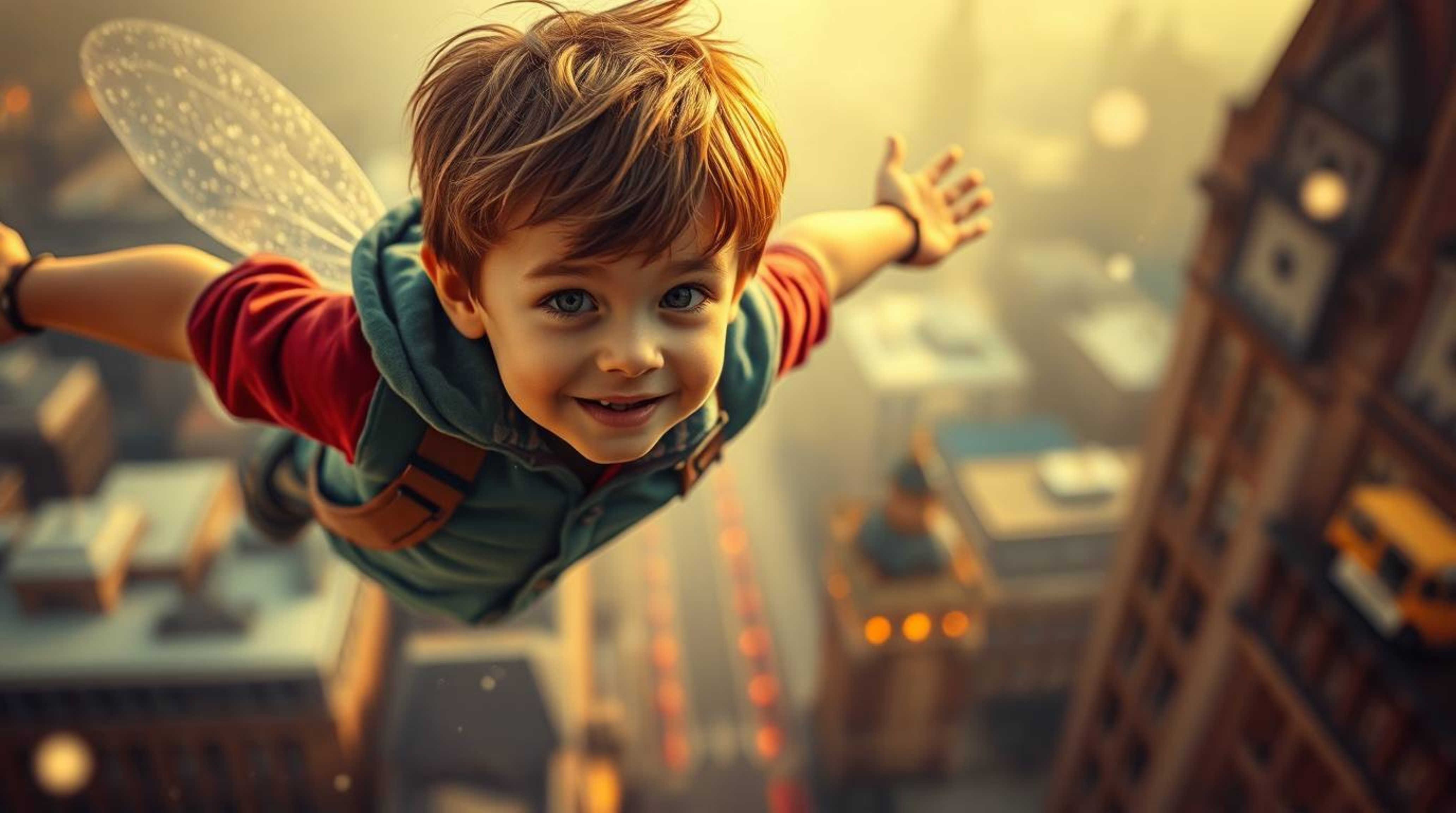 A vibrant and whimsical illustration depicts a young boy soaring above the London skyline, propelled by magical pixie dust.  