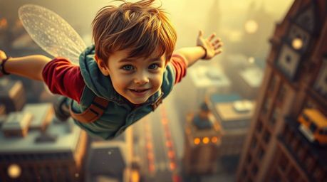 A vibrant and whimsical illustration depicts a young boy soaring above the London skyline, propelled by magical pixie dust.