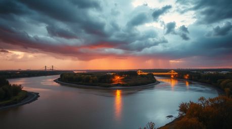 Capture the essence of a river delta illuminated by the soft glow of twilight, set against a backdrop of dramatic stormy skie