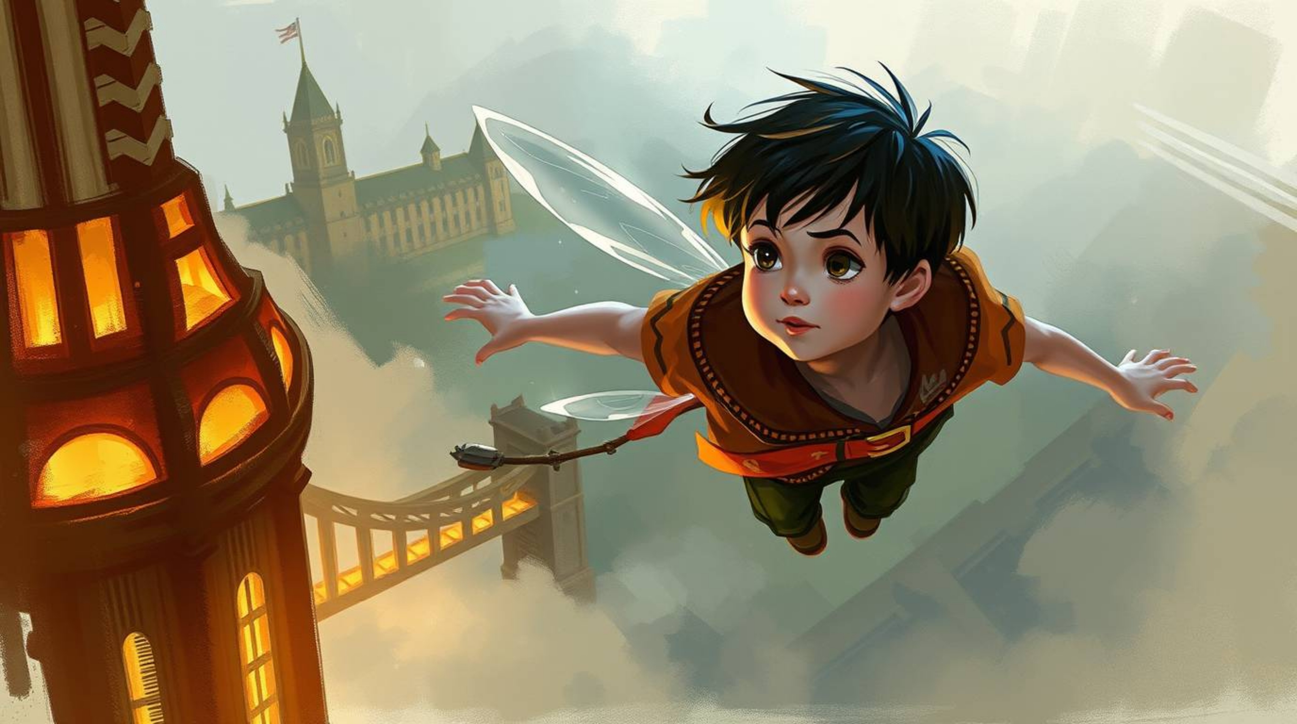 A captivating digital painting in a painterly style depicts a young boy soaring above a misty London cityscape, sprinkled wit