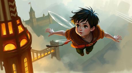 A captivating digital painting in a painterly style depicts a young boy soaring above a misty London cityscape, sprinkled wit